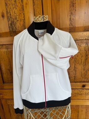 LBH White Bomber Jacket with Black Trim and Red Zipper